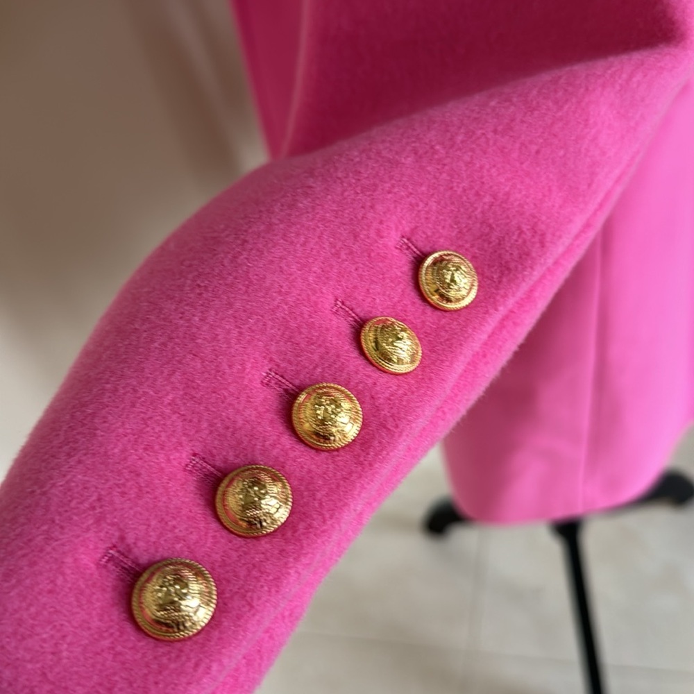 Balmain pink Barbie coat overcoat double breasted blazer gold button sz 38 $3695 - Picture 7 of 12